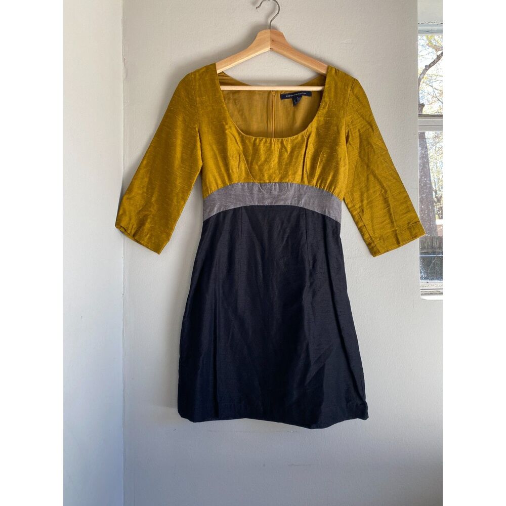 French Connection Women Short Tunic Dress Olive Green Black 2 Mini 3/4 Sleeve